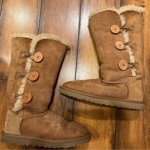 UGG Tan Shearling Boots with Button Accent
